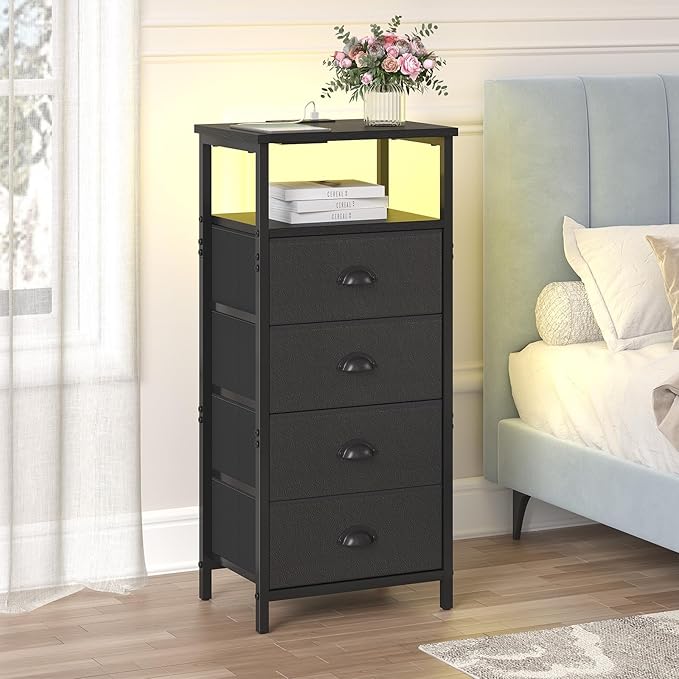 Nightstand with Charging Station,LED Black Nightstand with 4 Fabric Drawers PU Finish, Bedside End Tables, 2-Tier Open Storage Shelf Side Table Nightstand with Drawers for Bedroom,Black