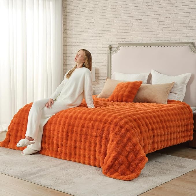 Cozy Bliss Faux Fur Throw Blanket for Couch, Bubble Plush Blanket King Size, Fuzzy Soft & Thick Blanket for Fall Bed Sofa Living Room, 108x90 Inches Halloween Burnt Orange