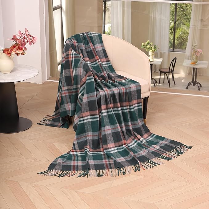 Green Plaid Throw Blanket for Couch,100% Wool Throw Blanket for Home Decor, Soft Lightweight Cozy All Season Decorative Vintage Blankets for Travel,Bed, Sofa, Chair, Outdoor 55"x83"/1.5LBS