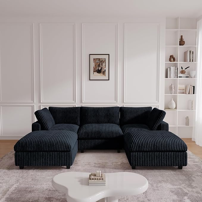 JACH 118" U Shape Modular Sofa for Living Room, Convertable Sectional Couch with Chaise Ottomans, Modern Deep Seat Sofas, Sofa Covers Washable, Minimalist Plush Couch for Living Room, Apartment, Black