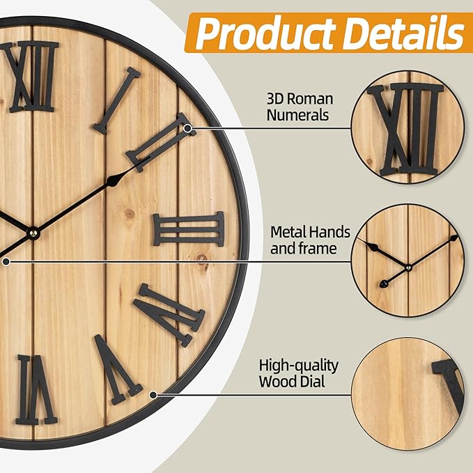 Large Wall Clock 20IN, Silent Metal Wood Style Wall Clocks Battery Operated for Living Room Decor, Farmhouse Big Wall Clock, Outdoor