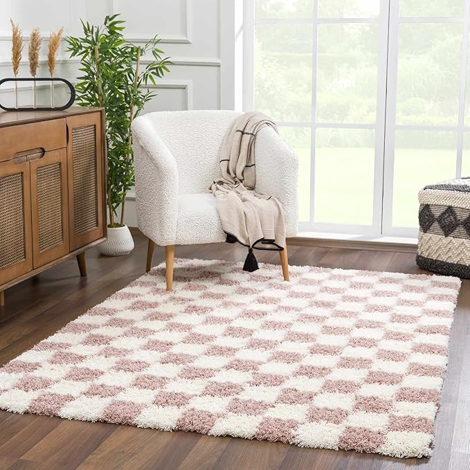 Hauteloom Atira Contemporary Checkered Fluffy Shag Runner Rug - Modern Geometric Carpet Tiles for Hallway, Kids Room - Plush Pile Carpet Squares - Cream, Pink- 2'7" x 10'