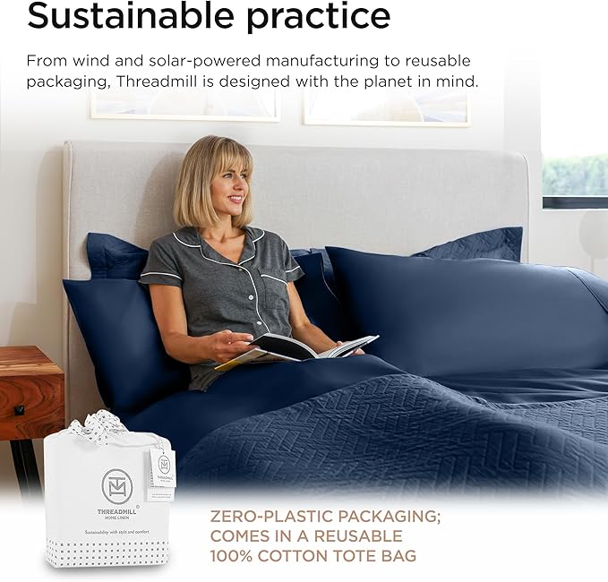 Threadmill 100% Cotton Sheets for Queen Size Bed - 600 Thread Count Queen Bed Sheets Set with 16” Deep Pocket - Sateen Weave 4-Piece Bedding Set with Cooling Effect, Folkstone Blue