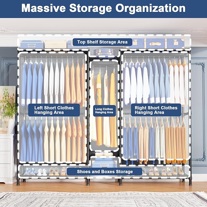 Ulif E12 Clothes Rack，Heavy Duty Freestanding Garment Rack with Shelves，Metal Clothing Closet Storage System for Hanging Clothes，71" W x 16" D x 76.5" H, Hold 960 lbs，Black