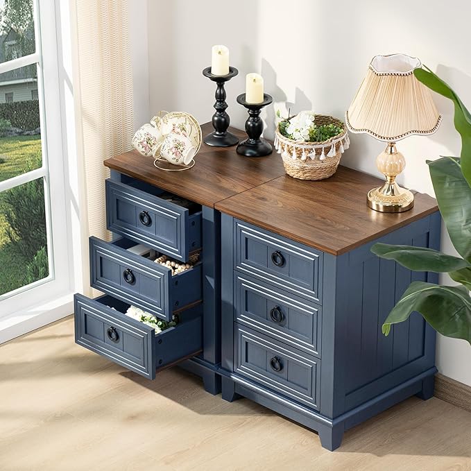 Night Stand Set of 2, Farmhouse 18" End Table with 3 Drawer Metal Handle, Dresser for Bedroom, Sofa Bed Side Table Chest of Drawers,Wood Nightstand Cabinet for Organizer, Living Room-Blue