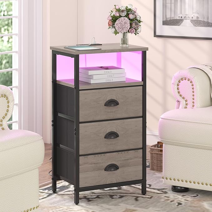 Nightstand with Charging Station,LED Nightstand with 3 Fabric Drawers, Bedside End Tables, 2-Tier Open Storage Shelf, Side Table Nightstand with Drawers for Bedroom,Grey