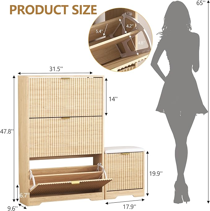 Shoe Cabinet Storage for Entryway with 4 Flip Drawers, Oak Fluted Shoe Cabinet with Bench, Wooden Hidden Shoe Rack Freestanding Narrow Slim Shoes Storage Organizer for Hallway, Entrance