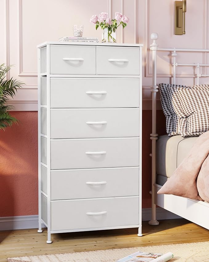 Crestlive Products Vertical Dresser Storage Tower - Sturdy Steel Frame, Wood Top, Easy Pull Fabric Bins, Handles - Organizer Unit for Bedroom, Hallway, Entryway, Closets - 7 Drawers (White)