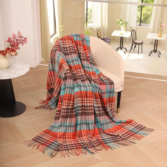 Holiday Plaid Throw Blanket for Couch,100% Wool Throw Blanket for Home Decor, Soft Lightweight Cozy All Season Decorative Vintage Blankets for Travel,Bed, Sofa, Chair, Outdoor 55"x83"/1.5LBS
