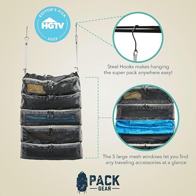 Pack Gear Hanging Suitcase Organizer - Our XL Hanging Luggage Organizer Perfectly Fits Any Suitcase - Our Packing Cubes For Travel Use Mesh Windows to Make Finding Any Outfit Easy (Black, XL)