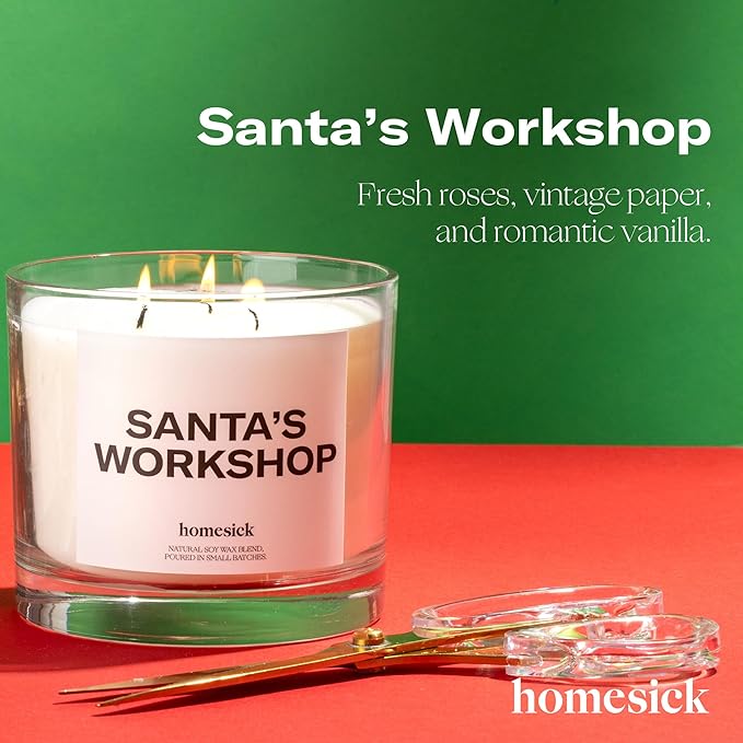 Homesick Scented Candles for Home (Santa’s Workshop) - 26 oz Long-Lasting Natural Soy Wax Blend Jar Holiday Candle Gifts for Christmas, 110-150 Hours Burn Time - Notes of Sandalwood & Fresh Snow