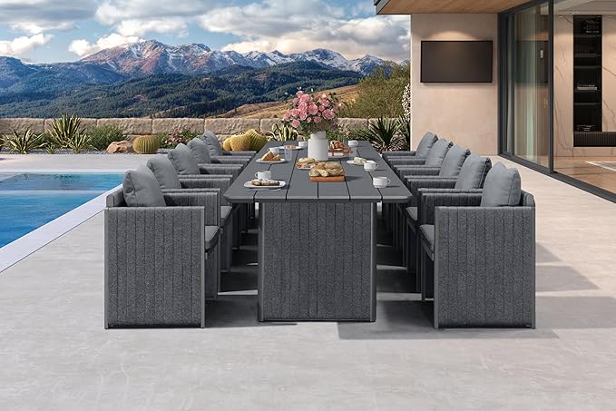 PURPLE LEAF 11 Pieces Outdoor Patio Dining Set Modern Extra Large Weather-Resistant Table and Aluminum Chairs with Olefin Fabric Cushions for Family Dinners Indoor Decor Kitchen Grey