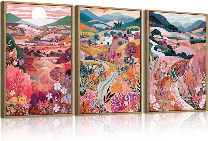 Anyzal Large Colorful Mountain Floral Wall Art Framed Pink Nature Landscape Painting Sunset Scenery Wall Decor for Living Room Bedroom Office 16x24 Inch Set of 3