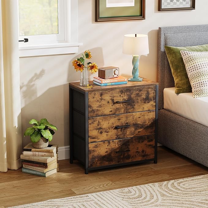 Nightstand, End Table, Bedside Table, Small Tall Dresser for Bedroom with 3 Storage Drawer, Chest of Drawers Fabric Dressers with Steel Frame, Wooden Top & Front for Living Room