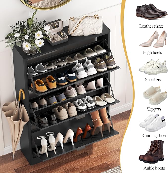 Shoe Cabinet Storage for Entryway with 3 Flip Drawers, Black Fluted Shoe Cabinet with Adjustable Shelves, Wooden Hidden Shoe Rack Freestanding Narrow Slim Shoes Storage for Hallway, Entrance