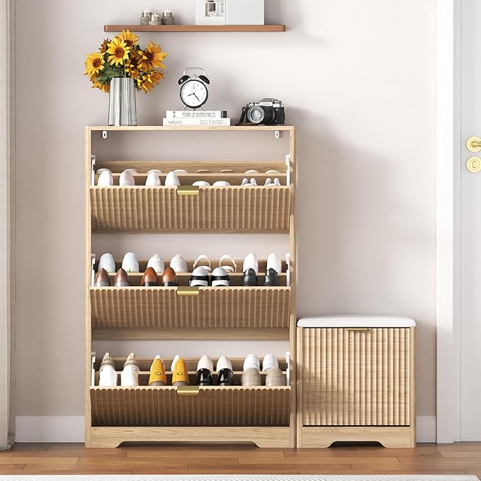 Shoe Cabinet Storage for Entryway with 4 Flip Drawers, Oak Fluted Shoe Cabinet with Bench, Wooden Hidden Shoe Rack Freestanding Narrow Slim Shoes Storage Organizer for Hallway, Entrance