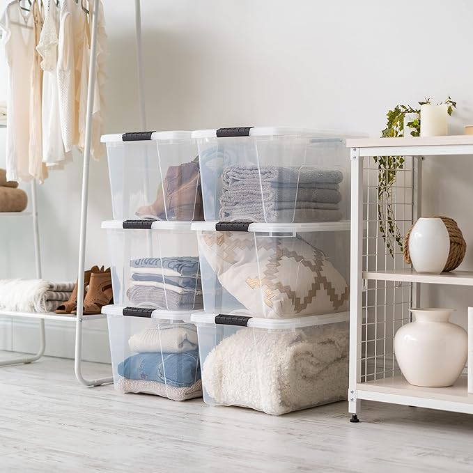 IRIS USA 40 Qt Stackable Plastic Storage Bins with Lids, 6 Pack - BPA-Free, Made in USA - See-Through Organizing Solution, Latches, Durable Nestable Containers, Secure Pull Handle - Clear