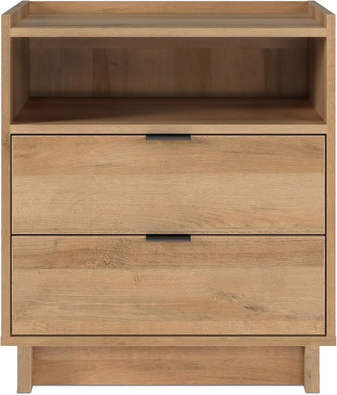 Prepac Simply Modern Nightstand Bedside Table, Natural Oak Nightstand for Bedroom, End Table with 2 Drawers and Open Shelf 23.75" W x 26.75" H x 16" D