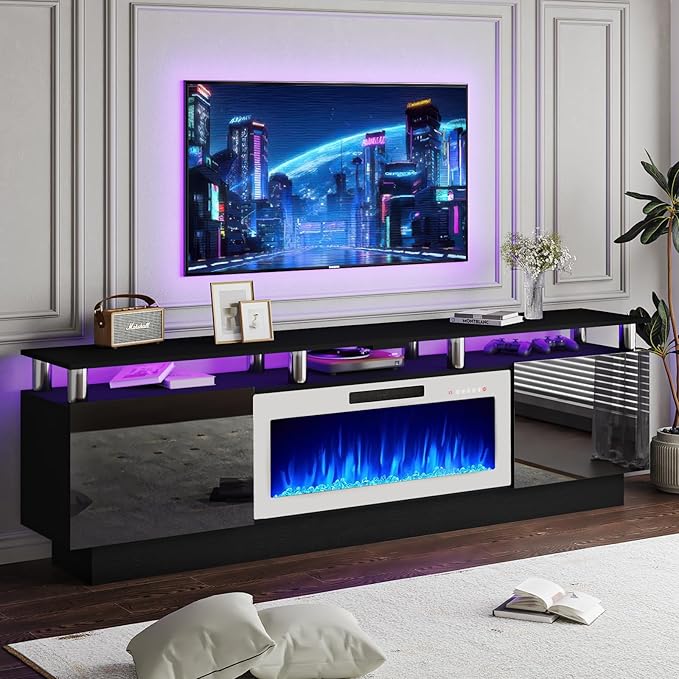 80" Modern Fireplace TV Stand with 36" Electric Fireplace for TVs Up to 90 inch, Luxury LED Light Entertainment Center with High Gloss Cabinet, Black + Silver Posts with White Fireplace