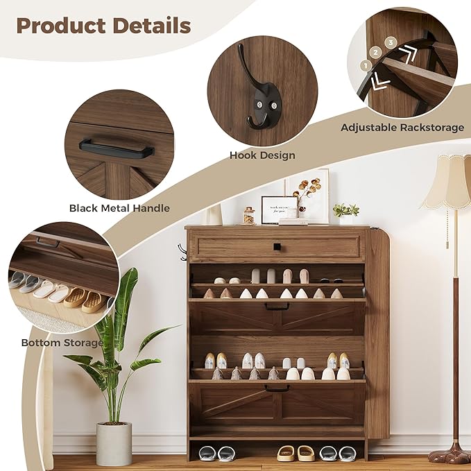 IRONCK Shoe Storage Cabinet with 2 Flip Drawers & Barn Door Design, Freestanding Shoe Cabinet Organizer with Drawer and Shelves for Entryway, Farmhouse Shoe Rack Cabinet,Dark Walnut