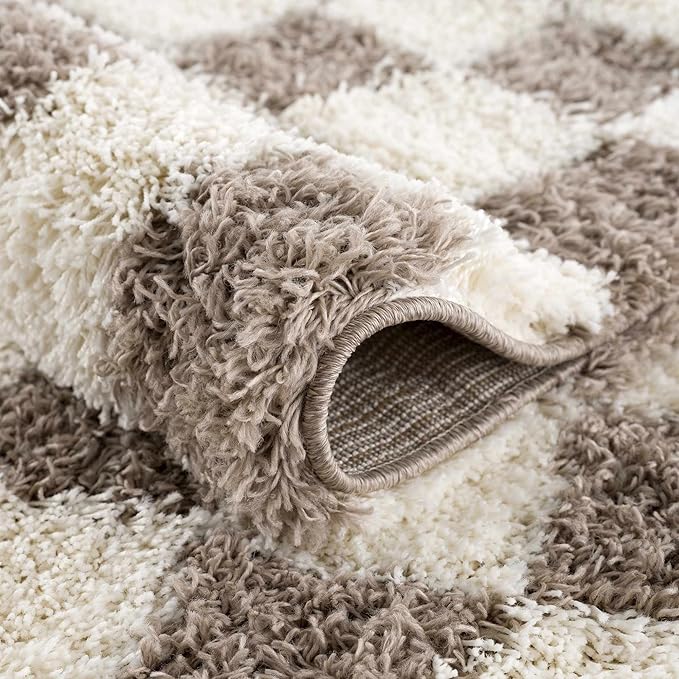 Hauteloom Atira Checkered Shag Runner Rug - Checkboard Design - High Pile Fluffy Shaggy Touch - Square Tiles - Kids Room, Hallway, Bedroom Shag - Brown, Cream, White - 2'7" x 7'3"