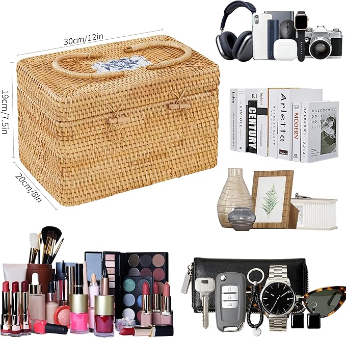 Rattan Basket With Lid,Blue-and-white Porcelain Decoration Design,Large Storage Basket Lidded,Rattan Box For Shelf (12" L×8"W×7.5"H)