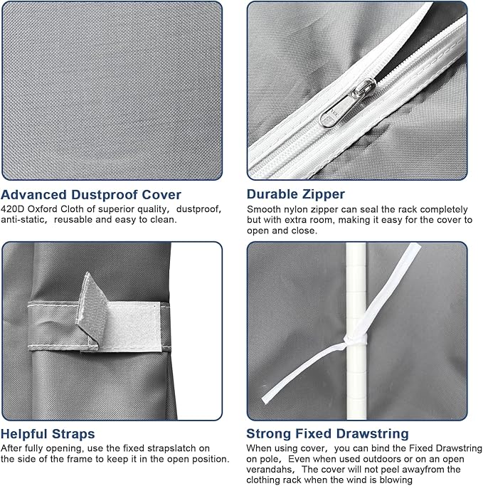 Ulif E12C Heavy Duty Closet Organizer System，Freestanding Clothing Racks for Hanging Clothes，Adjustable Garment Rack 71" W x 16" D x 76.5" H Hold 960 lbs，White Clothing Rack with Grey Dustproof Cover