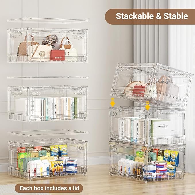 Clear Stackable Storage Bins Drawers, Open Front Large Plastic Storage Bins with Lids, Foldable Closet Organizers and Storage for Wardrobe Cabinets, Pantry, Makeup,2 Pack