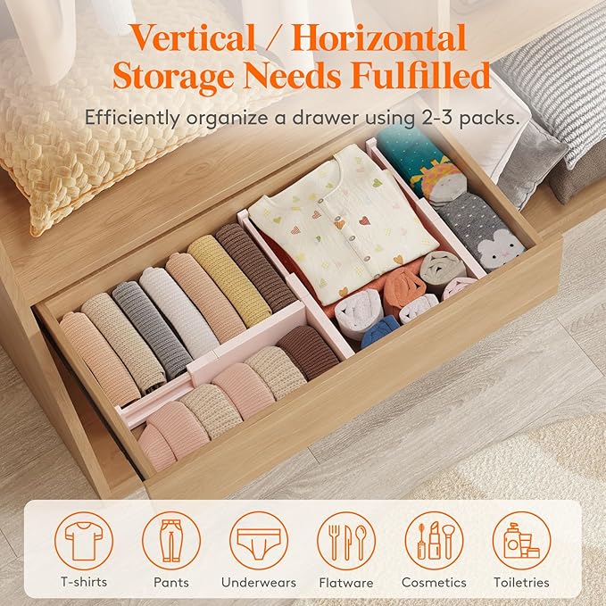 Lifewit 14 Pack Drawer Dividers 4" High, 11-17" Adjustable Drawer Organizers for Clothes, Expandable Dresser Separators in Bedroom/Bathroom/Kitchen/Fridge/Office Organization and Storage, Pink