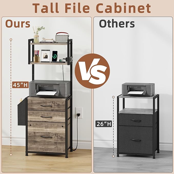 3 Drawer File Cabinet with Charging Station, 3-Tier Tall Filing Cabinet for Home Office, 11''*16'' for Small Printer, Fabric Drawer Fits A4/Letter, Printer Stand 45''H, Grey