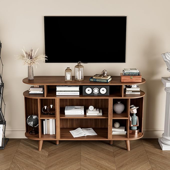 Fluted TV Stand for TVs up to 65 Inch, Mid Century Modern Entertainment Center with Storage and Adjustable Shelves, Media Console with Sliding Doors for Living Room, Bedroom, Walnut