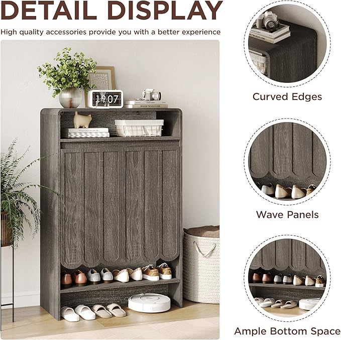 Vabches Shoe Storage Cabinet with Wave Panel Doors, 5-Tier Shoe Cabinet with Adjustable Shelves, 45'' Tall Freestanding Narrow Shoe Organizer for Entryway, Front Door, Hallway, Wood Legs, Gray