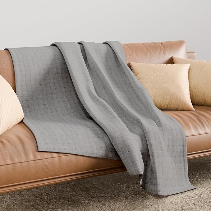 King Light Gray 100% Cotton | Lightweight | Breathable | Anti-Odor | Warm & Cozy | Perfect for Layering | Basket Weave Throw Blanket for Bed & Couch | Soft All-Season Bedding