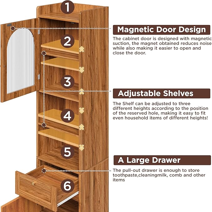 Tall Bathroom Storage Cabinet with 1 Drawer and 2 Doors - Modern Bath Organizer, Slim Freestanding Storage for Bathroom Essentials (11.8 Inches Wide), Brown