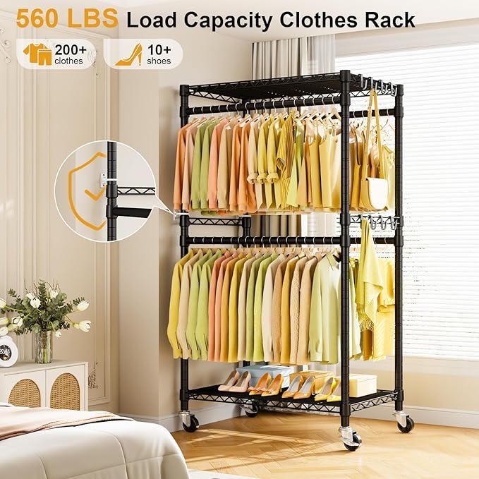 P4 Rolling Clothes Rack Heavy Duty, Clothing Racks for Hanging Clothes, Freestanding Garment Racks with Wheels, Metal Portable Closet Rack 35.5''W × 20.5''D × 80.5''H, Max Load 560Lbs, Black
