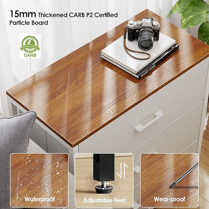 Nightstand,Farmhouse Night stand with 3 Storage Drawer,Small Dresser for Bedroom,Chest of Drawers Fabric Dressers with Steel Frame,Wooden Top Front Bedside Table for Small Space,White+walnut