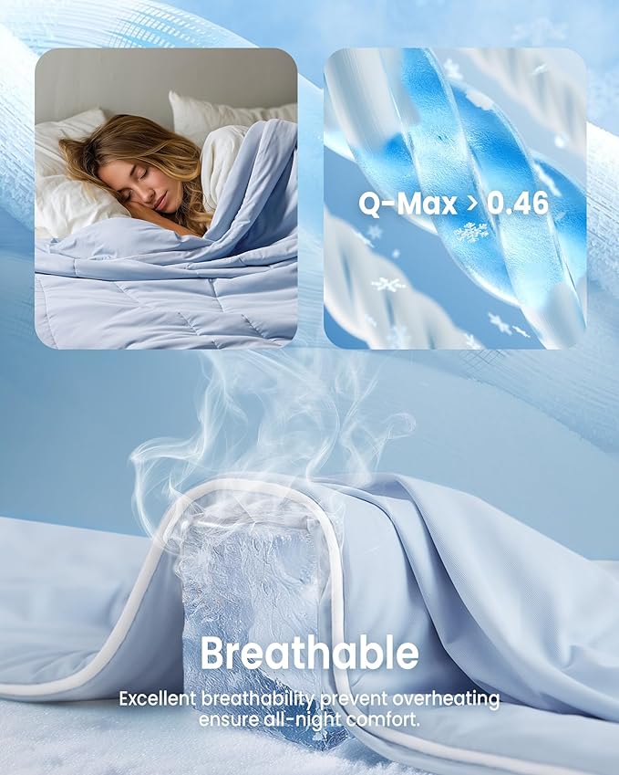 Cooling Comforter Queen Size, Breathable Blanket for Hot Sleepers & Night Sweats, Q-Max>0.46 Tech, Summer Lightweight & Skin-Friendly Bedding,90"x90", Light Blue