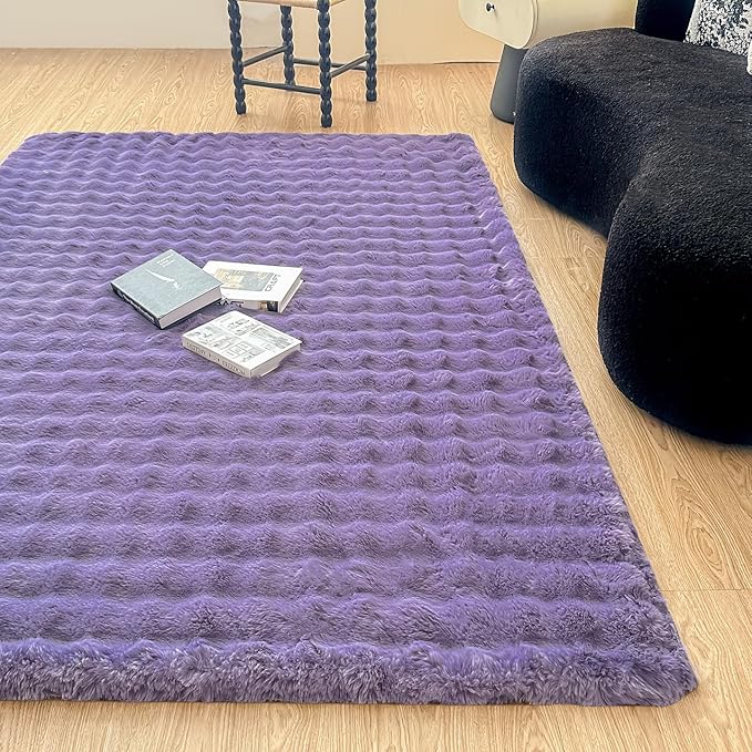 Purple Rabbit Plush Area Rug for Bedroom Living Room Sofa,3'X5' Faux Fur Fluffy Shaggy Rectangular Square Rug for Kids Teen Girls Room,Furry Carpet Rug for Nursery Baby Room Decor for Teenage