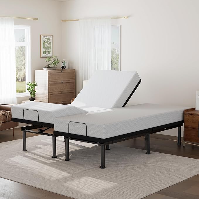 Split King Adjustable Bed Base Frame and 10 inch Green Tea Memory Foam Mattress, Electric Bed Base w/Wireless Remote, Zero Gravity Bed, Head and Foot Incline, Anti-Snore,Easy Assembly