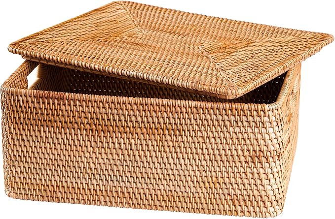 Rattan Basket With Lid, Large Lidded Basket For Storage(15.7" L×11.8"W×6.7"H)