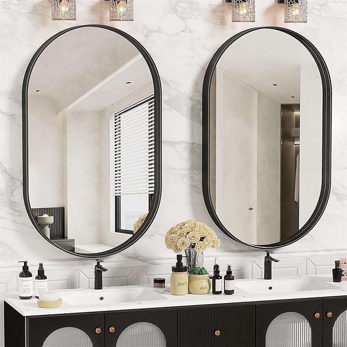 Suidia 26" x 38" Bathroom Mirror, Bathroom Vanity Mirror Metal Framed, Wall-Mounted Mirrors for Bedroom, Living Room, Entryway, Hallway, Black, Oval Style