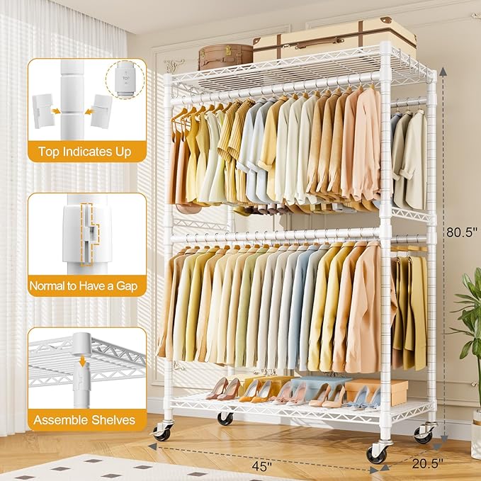 P4 Plus Rolling Clothes Rack Heavy Duty, Clothing Racks for Hanging Clothes, Free Standing Garment Racks with Wheels, Portable Closet Rack 45''W × 20.5''D × 80.5''H, Max Load 570 Lbs, White