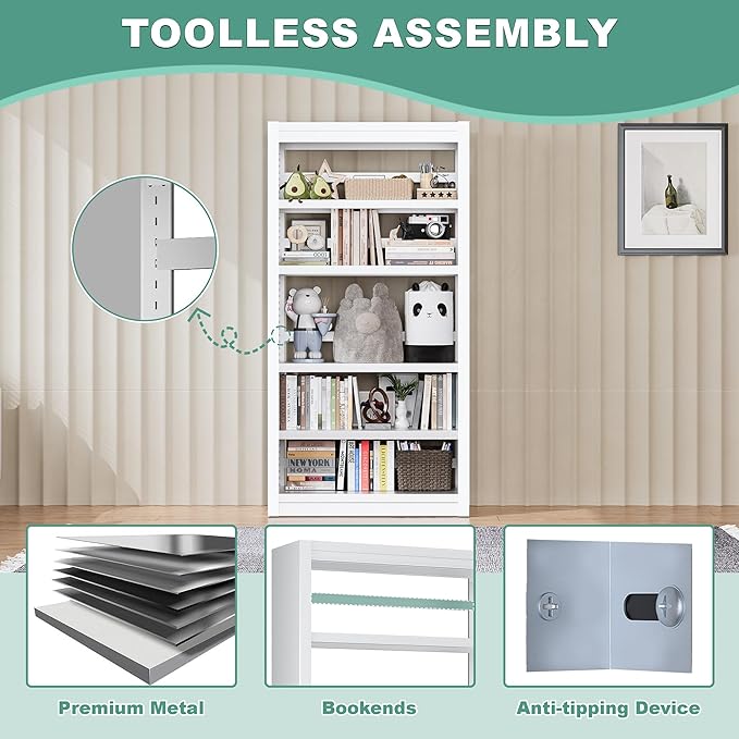 5-Tier Metal Book Shelf, 69” Tall Bookshelf with Adjustable Storsge Shelves, Library Bookcase with Book Stopper, Modern White Bookshelf for Living Room, Office, Bedroom