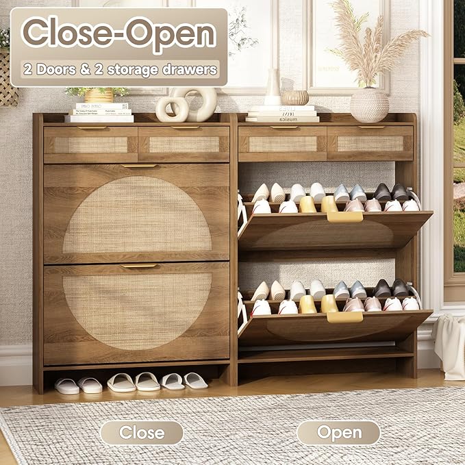Rattan Shoe Storage Cabinet with 2 Flip Drawers & 2 Drawers, Freestanding Organizer for Front Door Entrance, Hidden Narrow Shoe Rack Cabinet Storage for Entryway, Rustic Oak Rattan