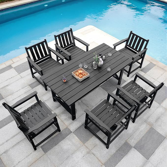 QUASCO 7-Piece Patio Dining Table Sets, Outdoor HDPE Dining Furniture Set with Umbrella Hole Table and 6 Chairs for Poolside, Porch, Yard and Garden, Black