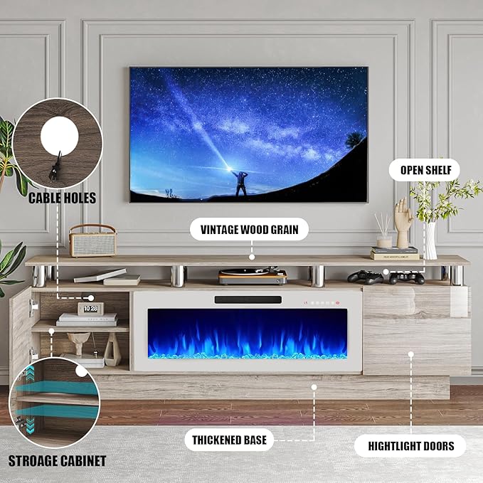 70" Modern Fireplace TV Stand with 36" Electric Fireplace for TVs Up to 80 inch, Luxury LED Light Entertainment Center with High Gloss Cabinet (Grey + Silver Posts with White Fireplace, 70'')