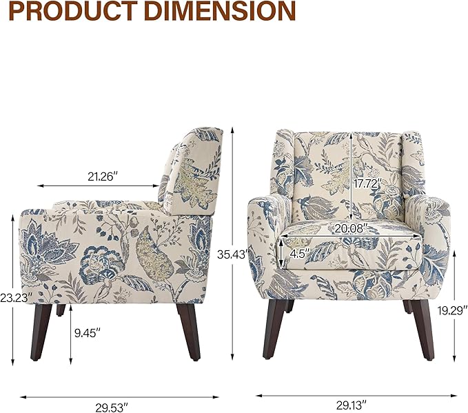 Accent Chairs Set of 2, Modern Fabric Armchairs for Living Room, Comfy Upholstered Arm Chairs Tufted for Indoor Bedroom Office Room (Pattern Leaf)