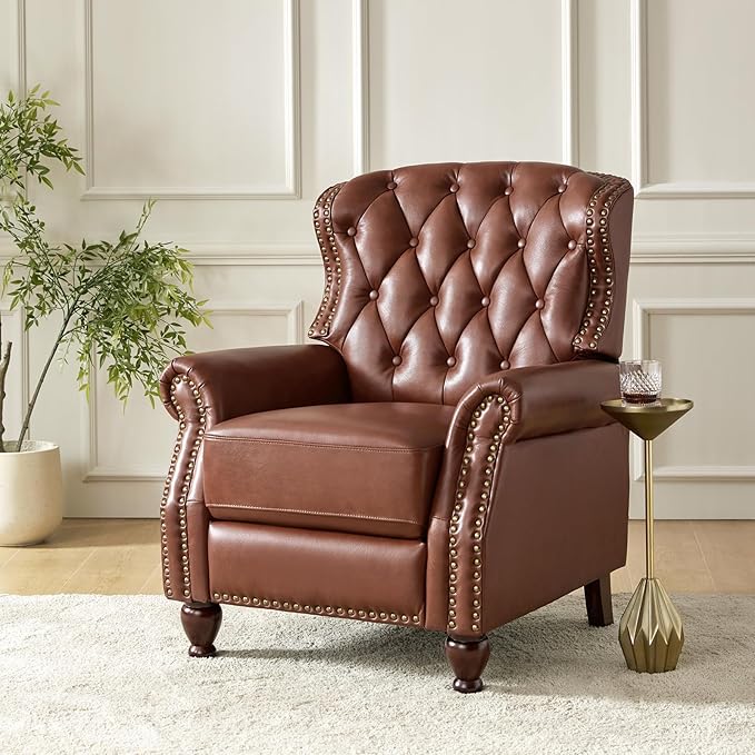 HULALA HOME Genuine Leather Recliner Chair Set of 2 w/Solid Wood Feet, Modern Adjustable Tufted Push Back Arm Chair w/Rivet Decoration, Home Theater Seating Reclining Sofa for Living Room, Brown