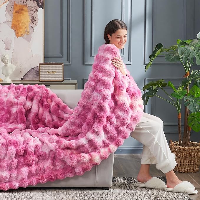 Cozy Bliss Faux Fur Throw Blanket for Couch, Fuzzy Soft Plush Thick Bubble Blanket for Sofa Bedroom Living Room, 50 * 60 Inches Tie Dye Pink