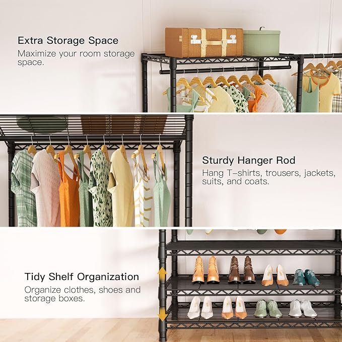 Ulif E11 Heavy-Duty Garment Rack, Metal Freestanding Clothes Rack and Closet Storage Organizer System with 8 Shelves and 4 Hanger Rods, (73.2 - 97.6)"W x 14.5"D x 71.2"H, Load 1034 LBS, Black